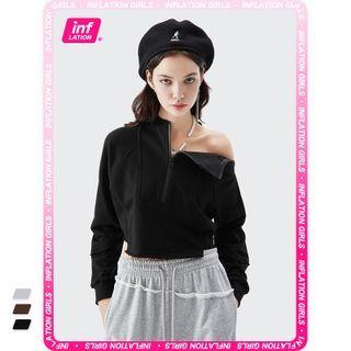 Half-zipper Asymmetircal-hem Crop T-shirt