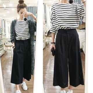 Set: Stripe Elbow-sleeve Top + Wide Leg Pants
