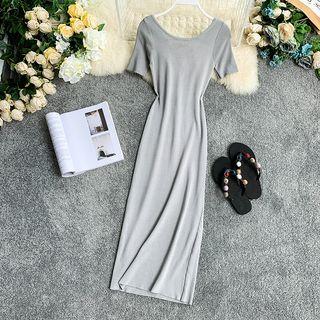 Lace-up Back Knitted Short-sleeve Midi Sheath Dress