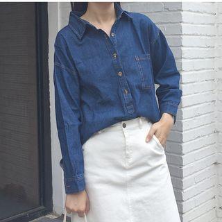 Half Placket Long-sleeve Denim Blouse