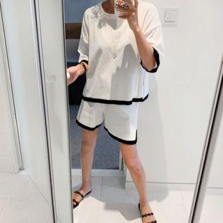 Set: Slit-side Contrast-trim Knit Top + Band-waist Shorts