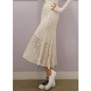 Band-waist Flared Long Lace Skirt