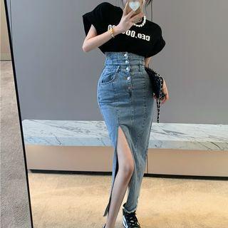 Slit Denim Midi Pencil Skirt / Short-sleeve Lettering T-shirt