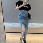 Slit Denim Midi Pencil Skirt / Short-sleeve Lettering T-shirt