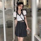 Short-sleeve Contrast Trim Crop Top / Mini Skirt