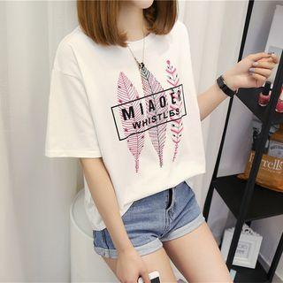Leaf Print Elbow Sleeve T-shirt