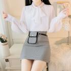 Long-sleeve Tie Neck Blouse / Plaid Mini Fitted Skirt / Set