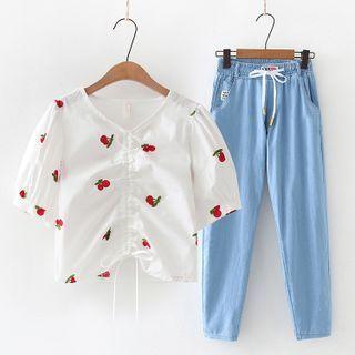 Elbow-sleeve Fruit Embroidered Top / Straight-leg Jeans / Set