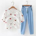 Elbow-sleeve Fruit Embroidered Top / Straight-leg Jeans / Set