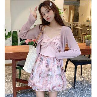 Spaghetti Strap Knit Top / Floral Mesh A-line Mini Skirt / Cardigan