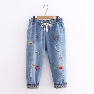 Cartoon Embroidered Harem Jeans Light Blue - One Size