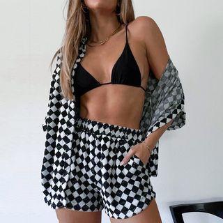 Set: Short-sleeve Checkerboard Shirt + Loose Fit Shorts