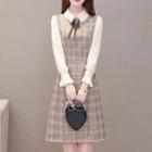 Long-sleeve Bow-front Plaid A-line Dress