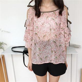 Frilled Floral Print Elbow-sleeve Chiffon Top