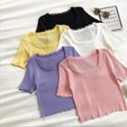 Plain Square-neck Lace-trim Knit Short-sleeve Top