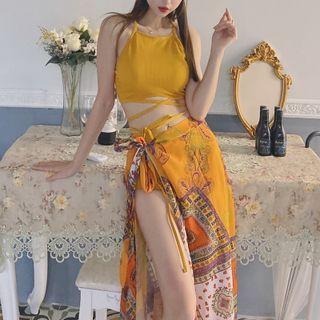 Set: Strappy Bikini Top + Mid-rise Bottom + Print Maxi Swim Skirt