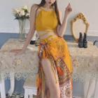 Set: Strappy Bikini Top + Mid-rise Bottom + Print Maxi Swim Skirt