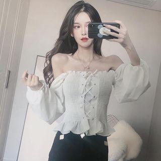 Lantern-sleeve Off-shoulder Lace Up Ruffled Blouse