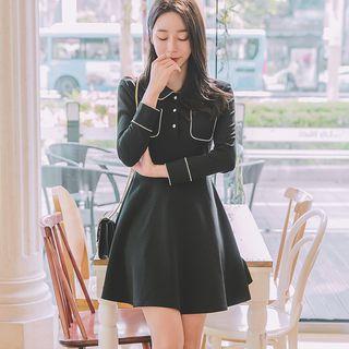 Peter Pan Collar Gathered-waist Long-sleeved Sheath Dress