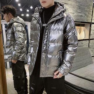 Lettering Applique Hooded Padded Coat
