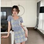Short-sleeve Argyle Knit Top / A-line Skirt