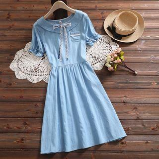 Short-sleeve Lace Ribbon Denim A-line Midi Dress