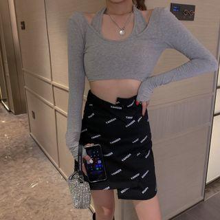 Lettering Print Irregular Mini A-line Skirt