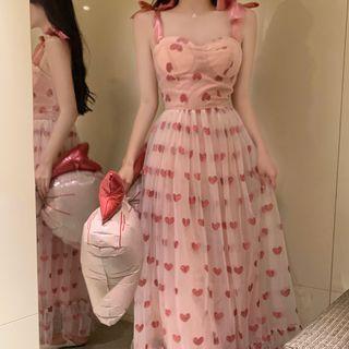 Ribbon Strap Heart Mesh Dress