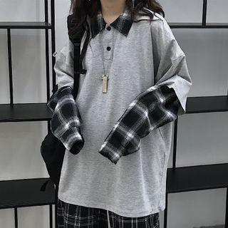 Mock Two-piece Long-sleeve Plaid Panel Polo Shirt