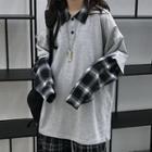 Mock Two-piece Long-sleeve Plaid Panel Polo Shirt