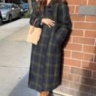 Double-breasted Plaid Long Coat Dark Gray - One Size