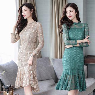 Ruffle Hem 3/4-sleeve Midi Lace Dress