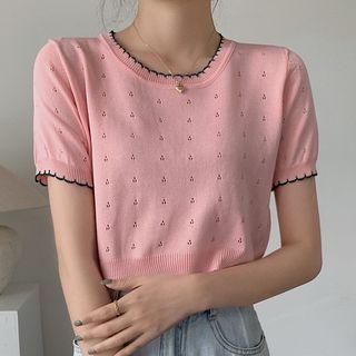 Short-sleeve Contrast Trim Cropped Pointelle Knit Top