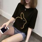 Rabbit Embroidered Elbow-sleeve T-shirt