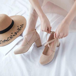 Suede Block Heel Cross Strap Pumps