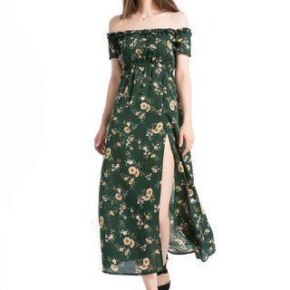 Floral Print Off-shoulder Short-sleeve Maxi A-line Dress