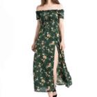 Floral Print Off-shoulder Short-sleeve Maxi A-line Dress