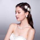 Bridal Set: Rhinestone Flower Headpiece + Faux Pearl Necklace + Earrings