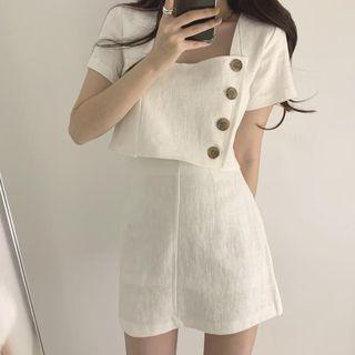 Set: Short-sleeve Side-buttoned Cropped Blouse + Mini A-line Skirt