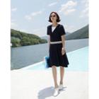 V-neck Mock-layered A-line Dress