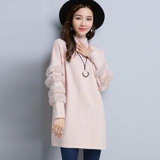 Mock-neck Faux-fur Panel Long-sleeve Knit Dress