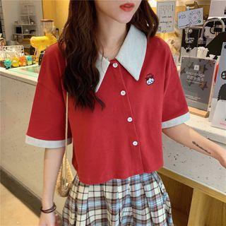 Cartoon Embroidered Short-sleeve Buttoned Top