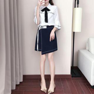 Set: 3/4-sleeve Frill-trim Shirt + Wrapped Mini Skirt