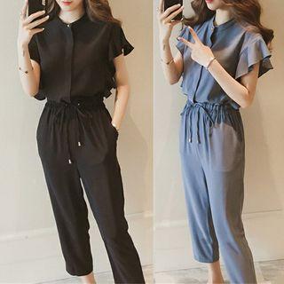 Set: Ruffle Trim Short-sleeve Shirt + Crop Pants