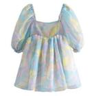 Puff-sleeve Print Mesh Mini A-line Dress