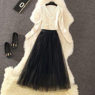 Set: V-neck Drawstring Knit Top + Midi Mesh Skirt