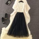 Set: V-neck Drawstring Knit Top + Midi Mesh Skirt