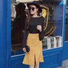 Set: Plain Long Sleeve Knit Top + Slit Hem Midi Skirt