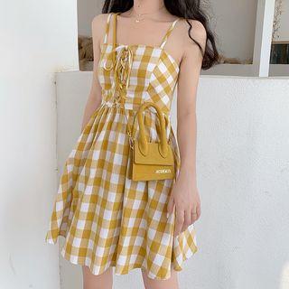 Long-sleeve Plain Cardigan / Spaghetti-strap Tie Neck Plaid Dress