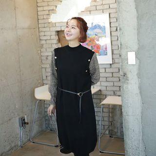 Plaid-sleeve Knit Dress With Belt